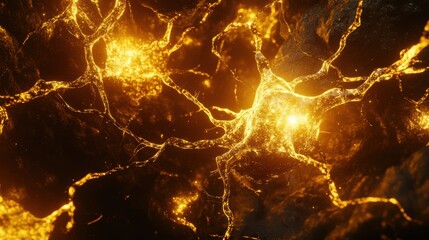 Poster - Stunning Abstract Visualization of Glowing Neurons and Neural Network Connections in a Deep Space Environment with Warm Golden Hues and Intricate Patterns