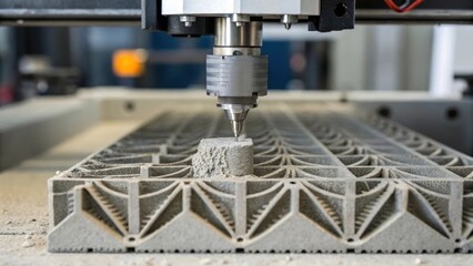 Aufkleber - A closeup of a 3D printer extruding concrete with intricate patterns emerging layer by layer showcasing the integration of additive manufacturing in construction.