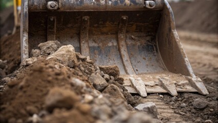 Poster - A closeup image shows the sharp edges of the excavators bucket ting through layers of earth. Mud and stones are caked on illustrating the challenging conditions of the trenching