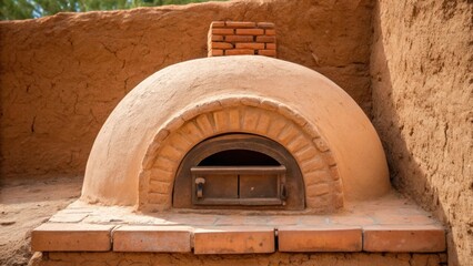 Poster - A closeup of a clay oven embedded within an earthen wall highlighting the functional design and the use of thermal properties to maintain heat representing the fusion of utility