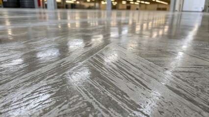 Poster - A closeup of a concrete floor with a brushstroke pattern characterized by varying shades of gray and a slight sheen emphasizing the aesthetic appeal of the industrial surface.