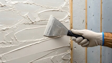 Poster - A closeup of a drywall joint filled with joint compound showcasing the smooth texture as a worker applies a putty knife with the surrounding paneling still rough.