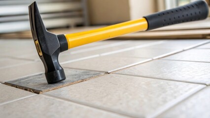 Poster - A closeup of a flooring installation tool focused on the grip and rubber heel poised on a newly laid tile emphasizing the technique used to ensure perfect placement.