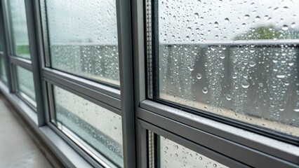 Aufkleber - A closeup of a floodresistant window illustrating tempered glass and reinforced frames with water droplets collecting on the exterior surface during heavy rain.