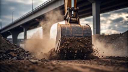 Poster - A closeup of a heavyduty excavator digging into the earth near a bridge support with dirt and gravel flying as the machine performs its task.