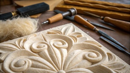 Aufkleber - A closeup of an artisan carving insulation from sheeps wool highlighting the natural fibers. The softness of the wool contrasts with the hard tools surrounding the workspace