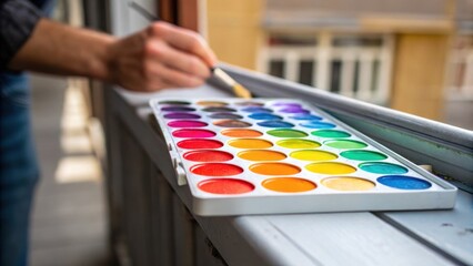 Poster - A closeup of a paint palette resting on a ledge containing a spectrum of vivid colors while a painters hand is poised to choose the next shade embodying the decisionmaking and