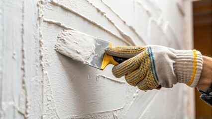 Poster - A closeup of a painters gloves gripping a tool expertly smoothing out seams with a putty knife the texture of the wall and the creamy white joint compound contrasting sharply
