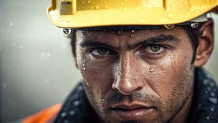 Poster - A closeup of a painters face focused and intent with droplets of sweat visible under their hard hat reflecting the determination and physical effort required to bring vibrancy to