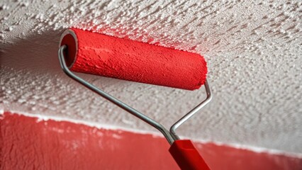 Aufkleber - A closeup of a paint roller covered in bright red paint as it rolls against a textured ceiling the paint smoothly applying to the rough surface with light reflecting off the