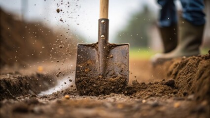Poster - A closeup of a shovel digging into the ground to remove soil for a drainage trench with soil particles flying in the air and the determination visible on the workers face capturing