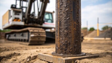 Aufkleber - A closeup of a steel pile its surface rough and coated with a layer of grease positioned upright in a pile driver ready for insertion into the ground emphasizing the immense