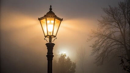 Aufkleber - A closeup of a street lamp partially obscured by smog its warm light struggling to trate the thick air creating an eerie atmosphere that reflects on nearby puddles.
