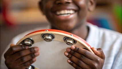 Aufkleber - A closeup of a tambourine player fingers deftly shaking the instrument showcasing a mix of joy and focus with close details of the instruments jingles reflecting the energy of the