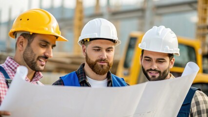 Poster - A closeup of a team of construction workers with hard hats discussing plans over blueprints with tools and machinery in the background signaling active construction work.