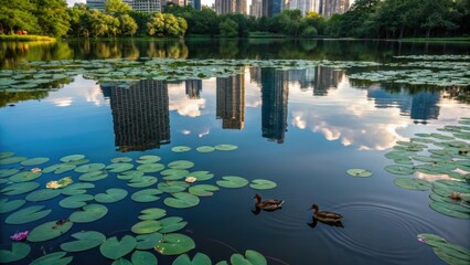Aufkleber - A closeup of a tranquil pond with lily pads floating on its surface the water reflecting the skyline above while ducks paddle leisurely creating a peaceful oasis in the midst of