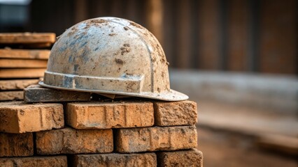 Aufkleber - A closeup of a weathered helmet resting on a stack of bricks with a hint of mud splattered on the side symbolizing the hard work and dedication of construction crews in