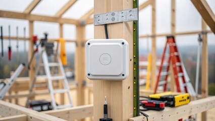 Poster - A closeup of a weatherproof IoT sensor installed on a building framework surrounded by tools and equipment illustrating its integration into the construction process.
