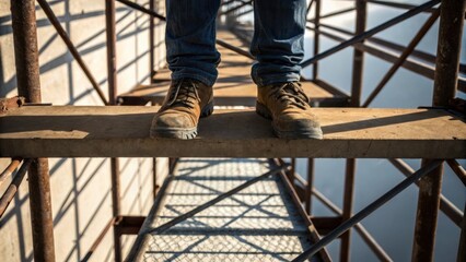 Aufkleber - A closeup of a workers feet on a narrow scaffolding plank emphasizing the height and precariousness of the environment with shadowed legs of the scaffold creating a geometric