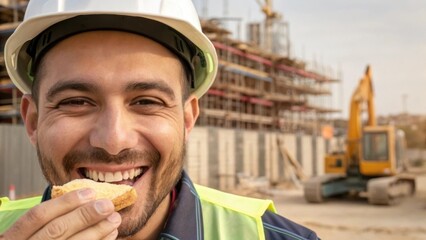 Aufkleber - A closeup of a workers face grinning as he takes a bite of a homemade meal with the construction site bustling in the background showcasing scaffolding and heavy machinery.