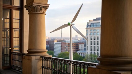 Aufkleber - A closeup of a wind turbine cleverly positioned within a buildings architectural elements blending seamlessly with a balcony railing the turbine blades turning gently in the wind