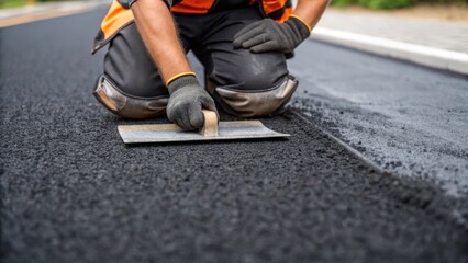 Fototapete - A closeup of a worker kneeling beside the freshly paved road their knee pad resting on the asphalt as they finely shape the edges with a trowel for precision finishing.