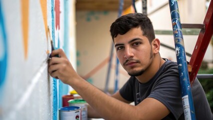 Aufkleber - A closeup of a young man painting a wall his focused expression indicating concentration with paint splatters and brush strokes illustrating handson training.