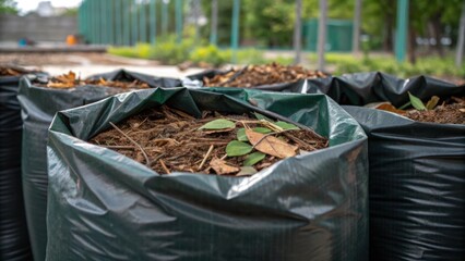 Aufkleber - A closeup of biodegradable waste bags filled with organic debris from landscaping illustrating the commitment to environmentally friendly waste management solutions in construction