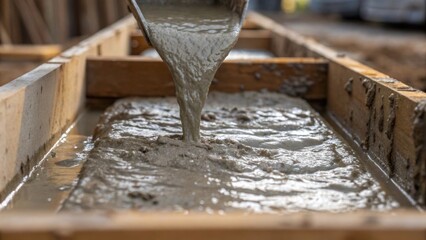 Aufkleber - A closeup of concrete being poured into a form with the wet mixture glistening and the texture visible as it fills the mold illustrating the physicality of construction.