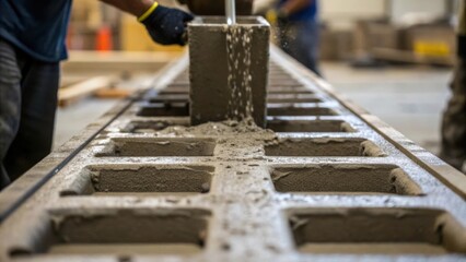 Poster - A closeup of concrete being poured into mold forms with workers guiding the flow emphasizing the tactile gritty nature of the construction process and the momentary splashes that