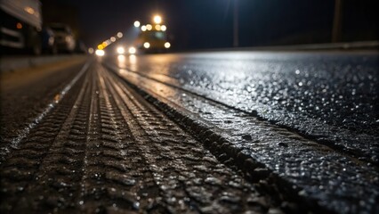 Aufkleber - A closeup of freshly poured asphalt glistening in the artificial light with tire tracks marring its surface capturing the transition from raw materials to a completed road.