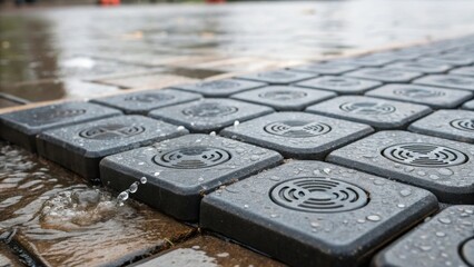 Poster - A closeup of interlocking smart pavement tiles designed to capture rainwater with sensors embedded within showcasing innovative drainage and sustainability features in urban