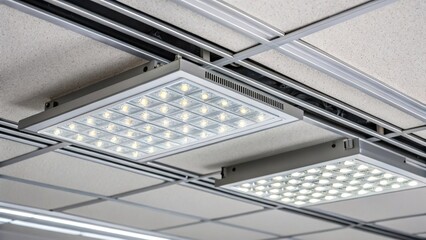 Aufkleber - A closeup of new energyefficient LED fixtures being installed into a modern ceiling grid illustrating the focus on sustainability and smart technology in architectural renovations.