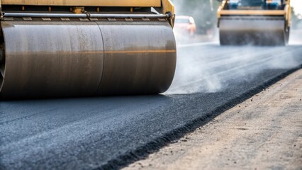 Poster - A closeup of pavement rollers compacting layers of asphalt during a road upgrade capturing the smooth texture and steam rising from the hot material.