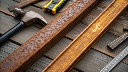 Poster - A closeup of recycled steel beams showing their unique textures and rust patina illustrating the use of reclaimed materials in sustainable building projects along with construction