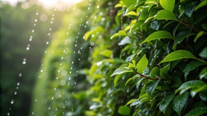 Poster - A closeup of raindrops clinging to the leaves of a living wall showcasing the natural irrigation process as the plants absorb water with soft sunlight filtering through the foliage