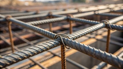 Aufkleber - A closeup of steel rebar being tied together with wire showcasing the intricate details of the structural support work that goes into building resilient public housing.