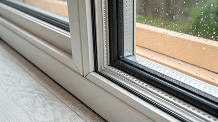 Poster - A closeup of the condensationproof spacer bar within a triplepane window emphasizing how it separates the panes while maintaining an airtight seal for energy efficiency.