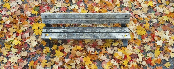 Poster - A serene depiction of an empty park bench surrounded by fallen leaves.