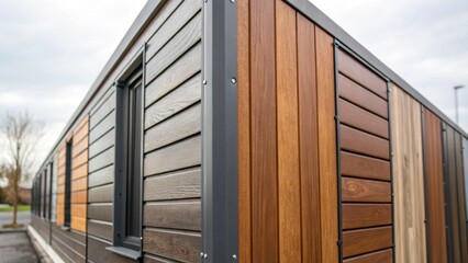 Aufkleber - A closeup of the exterior finishes on modular units highlighting the diverse materials and textures used ranging from metal cladding to wooden panels showcasing aesthetic