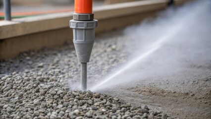 Poster - A closeup of the shotcrete mixture being blended at the nozzle showcasing the vibrant gray color and small aggregate stones with high pressure creating a mist around the