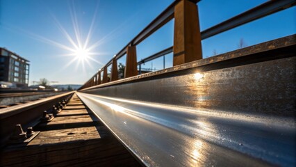 Aufkleber - A closeup of the sun reflecting off the polished edges of the steel beam the light creating a striking contrast against the surrounding construction materials and the blue sky.