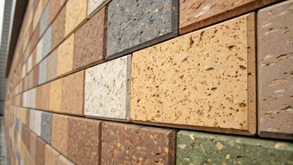 Poster - A closeup of the textured surface of recycled building materials used in the facade emphasizing their ecofriendly composition and unique aesthetics.