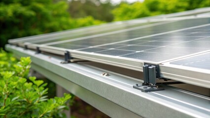 Aufkleber - A closeup of the solar panels edge revealing a sleek aluminum frame and connectors with the vibrant green foliage of the roof in soft focus behind it.