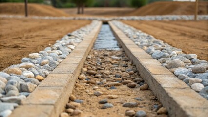 Poster - A closeup of water runoff channels formed with gravel with tiny stones arranged meticulously along the path directing water flow away from an exposed dirt area creating a natural