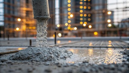 Aufkleber - A closeup shot capturing the rich gray texture of freshly mixed concrete as it cascades from the pumps nozzle droplets glistening under the construction site lights flowing