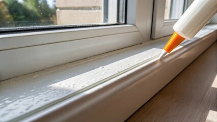 Aufkleber - A closeup shot capturing the caulking material being pressed into a narrow gap beneath a window sill with the light reflecting off the surface indicating the fresh application.