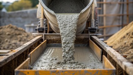 Aufkleber - A closeup shot of a concrete mixer pouring cement into a mold with the texture of the wet concrete contrasting against the rugged construction site materials in the background.