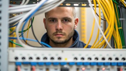 Aufkleber - A closeup shot of a control panel being wired highlighting the technicians concentrated gaze and the tangle of colorful electrical wires in the background.
