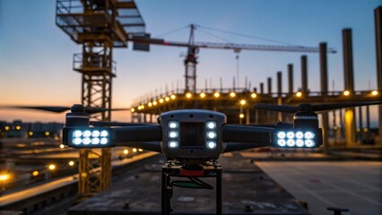 Aufkleber - A closeup shot of a drones LED lights illuminating a construction site at dusk revealing the intricate layout of machinery and materials as it performs a nighttime inspection.